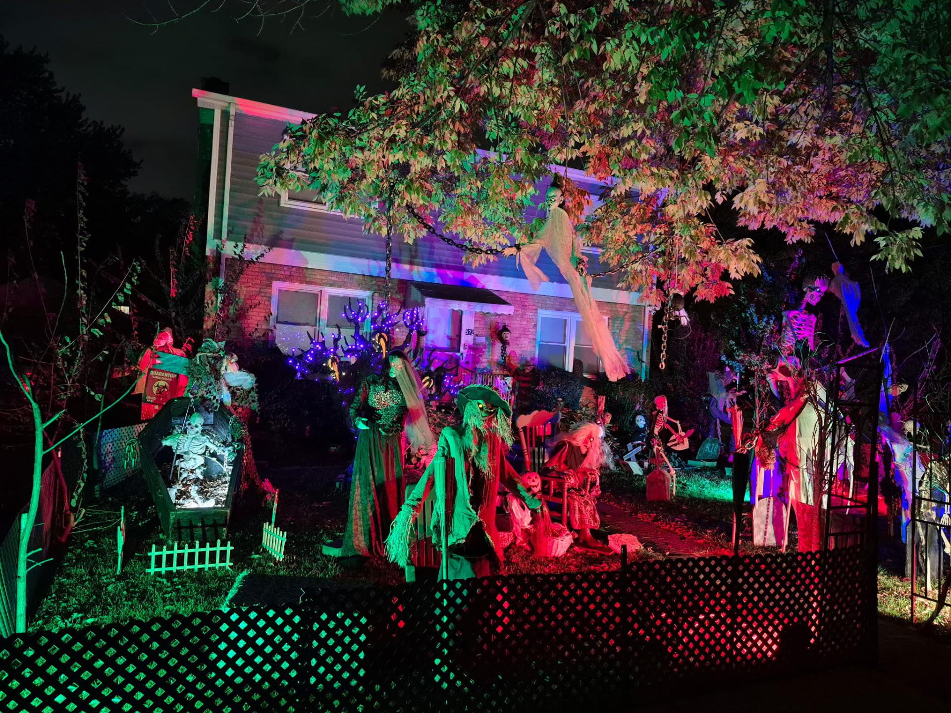 Front yard decorated for Halloween with pumpkins